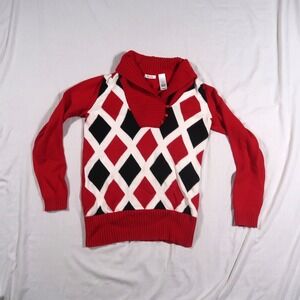 Liz & Co Button Cowl Neck Cotton Knit Sweater Women's Sz Medium Red Black Argyle